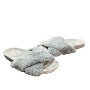 Fitory Slippers Womens Size 7 Gray Cross Band Plush Slip On Slides Cozy Casual